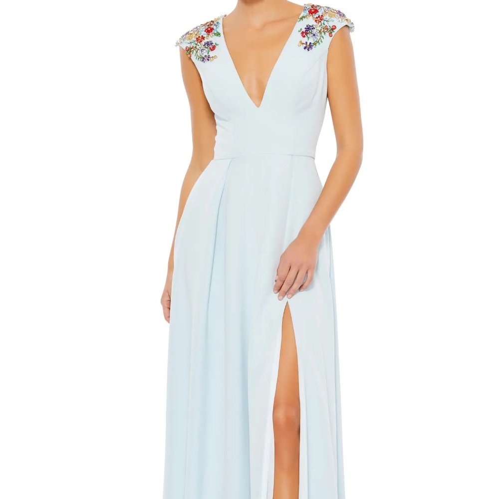 IEENA for MAC DUGGAL Plunge Neck Empire Waist Baby Blue Beaded Shoulder Gown